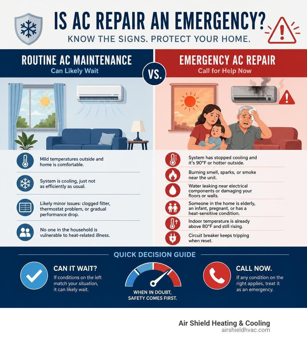 Infographic comparing routine AC maintenance vs emergency AC repair situations with key warning signs and decision criteria