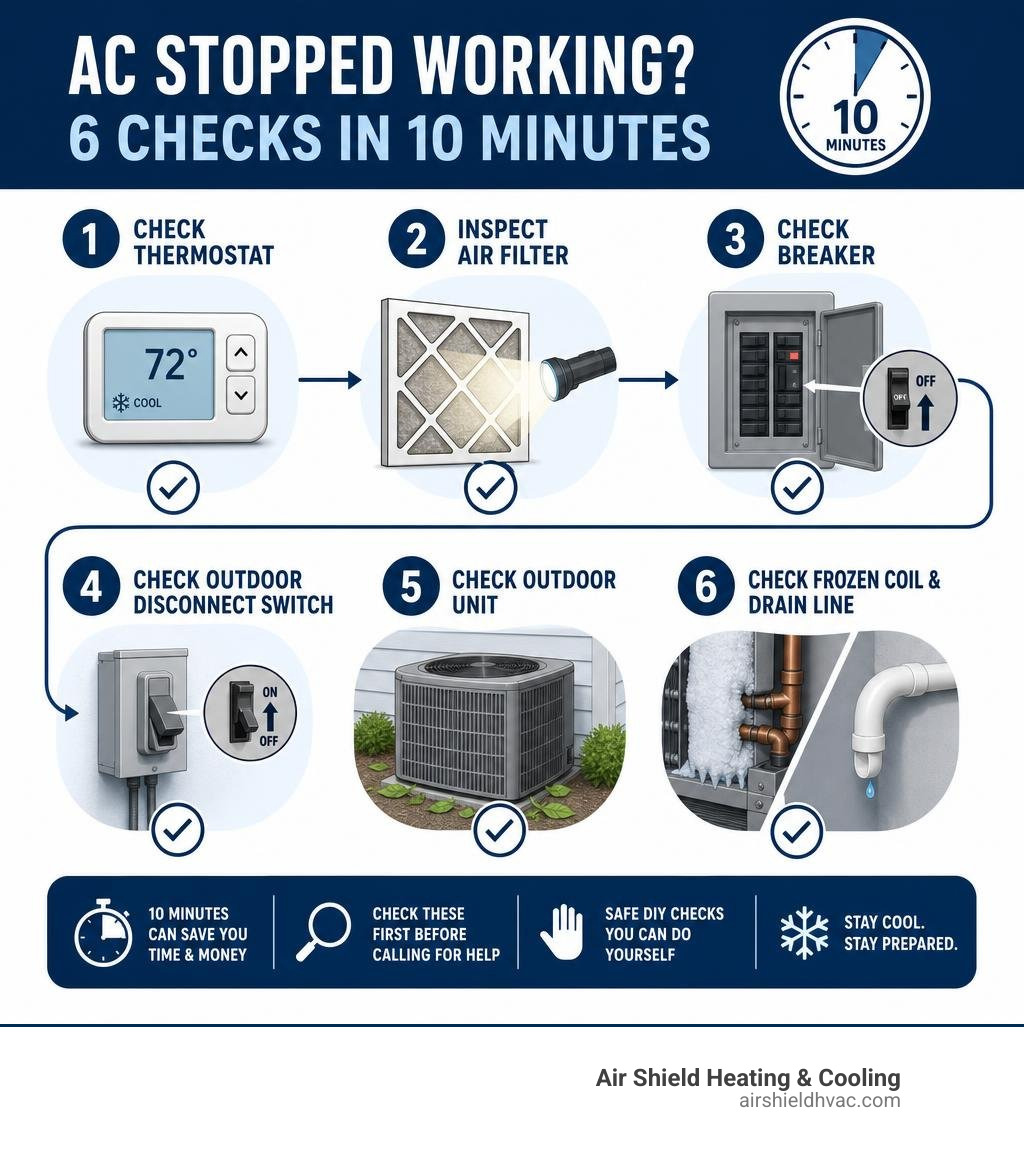 Step-by-step 10-minute AC diagnostic flow infographic showing thermostat check, filter inspection, breaker reset, outdoor
