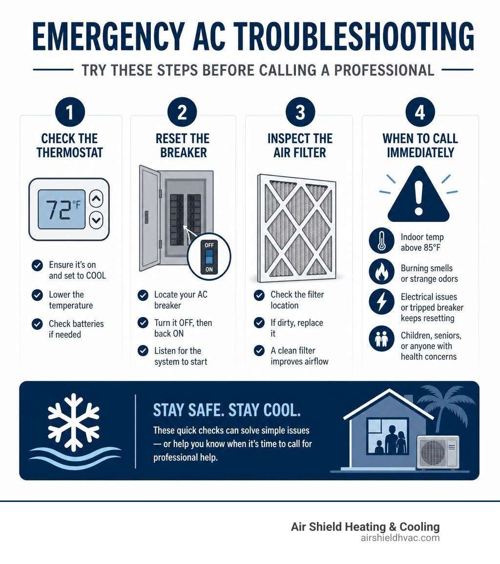 Infographic showing emergency AC troubleshooting steps before calling a professional, including thermostat check, breaker