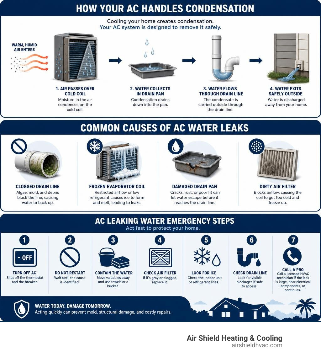 Infographic showing how an AC system handles condensation, common causes of water leaks, and emergency steps for Florida