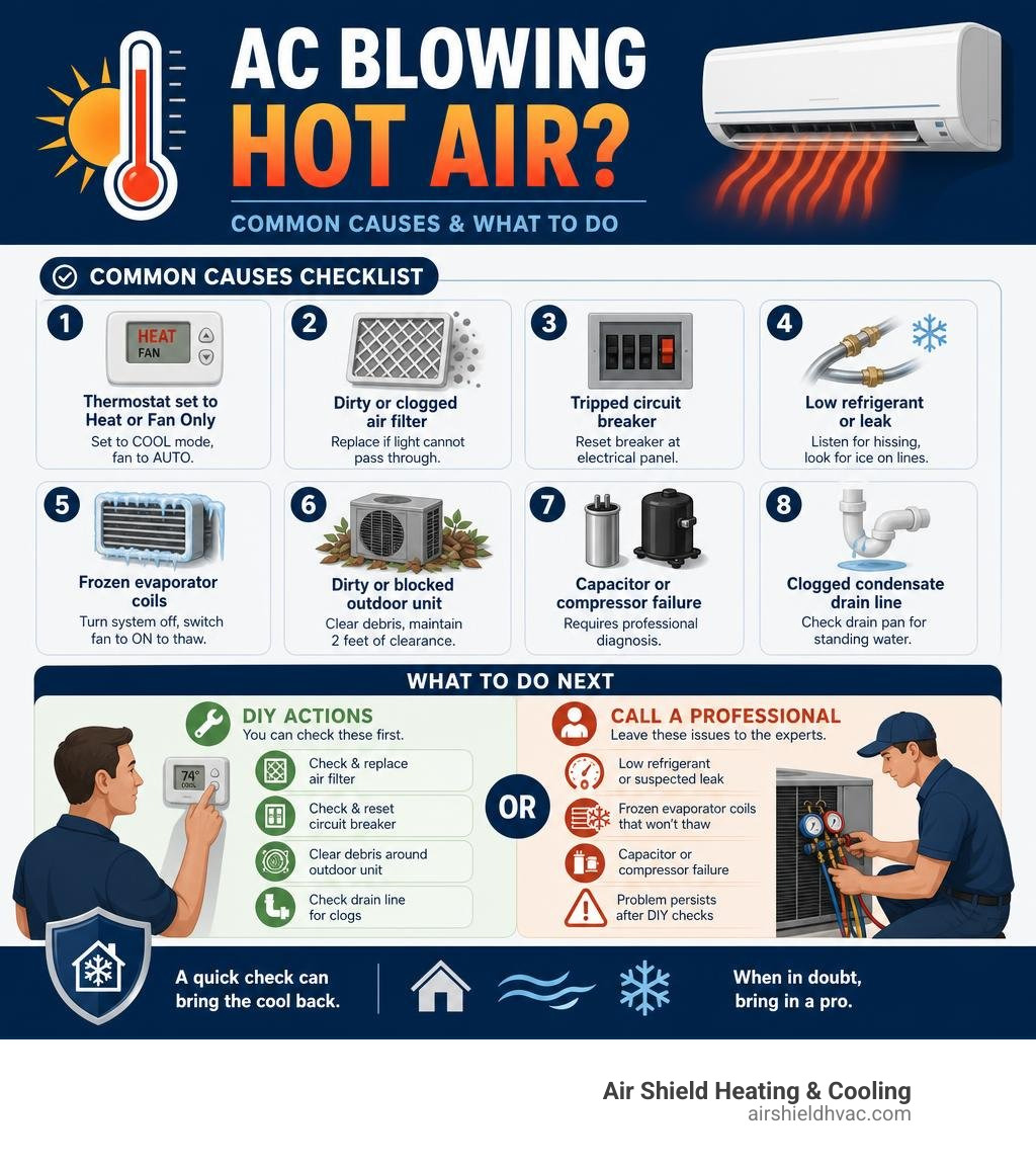 Common causes of AC blowing hot air infographic with causes checklist and DIY vs professional action guide infographic