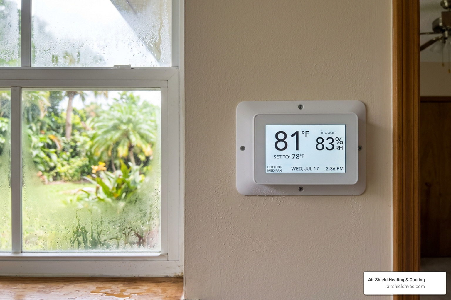 Digital thermostat displaying high indoor humidity and temperature in a Florida home