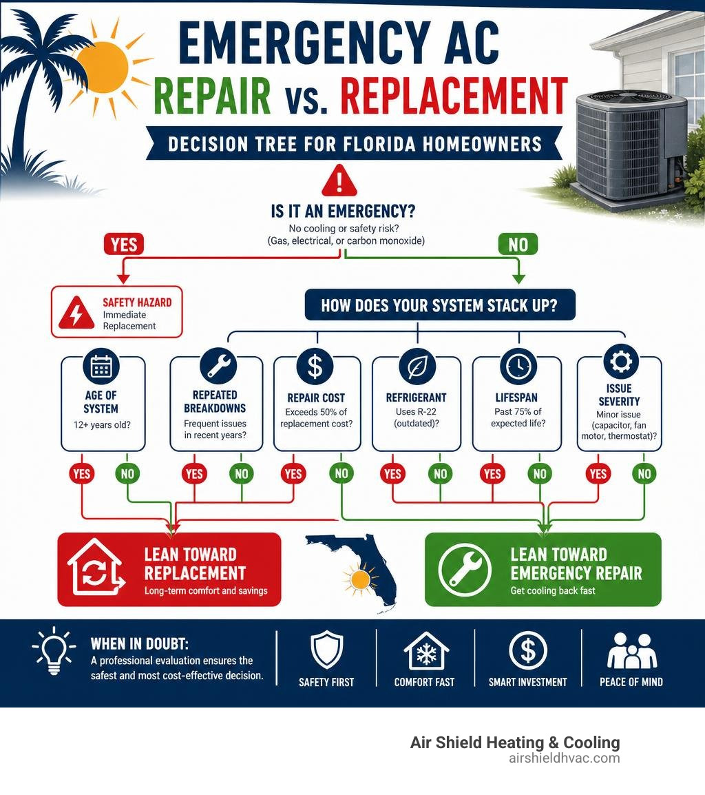 Infographic decision tree for emergency AC repair vs replacement in Florida with key criteria infographic