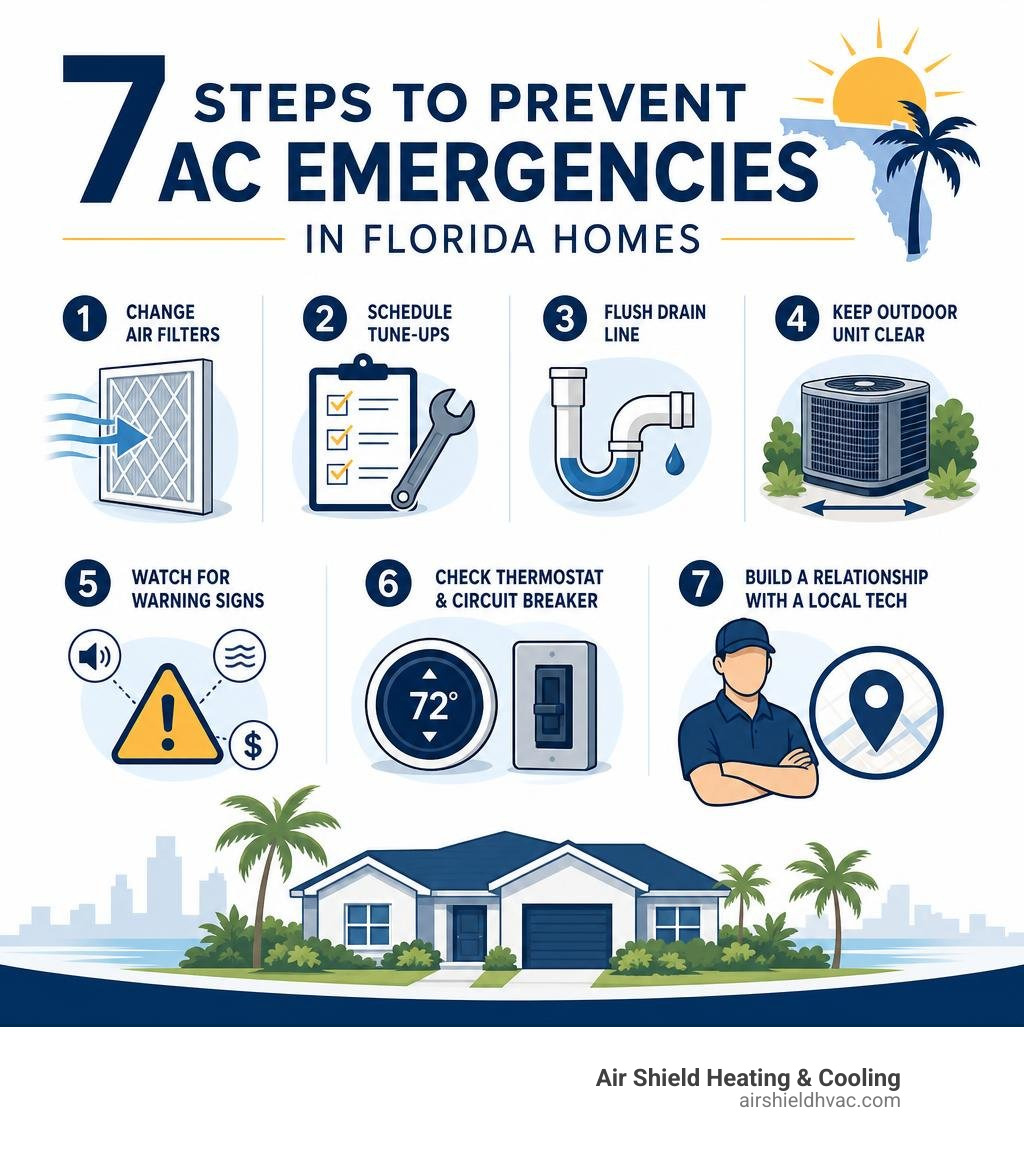 Infographic showing 7 steps to prevent AC emergencies in Florida homes with icons for filter changes, tune-ups, drain
