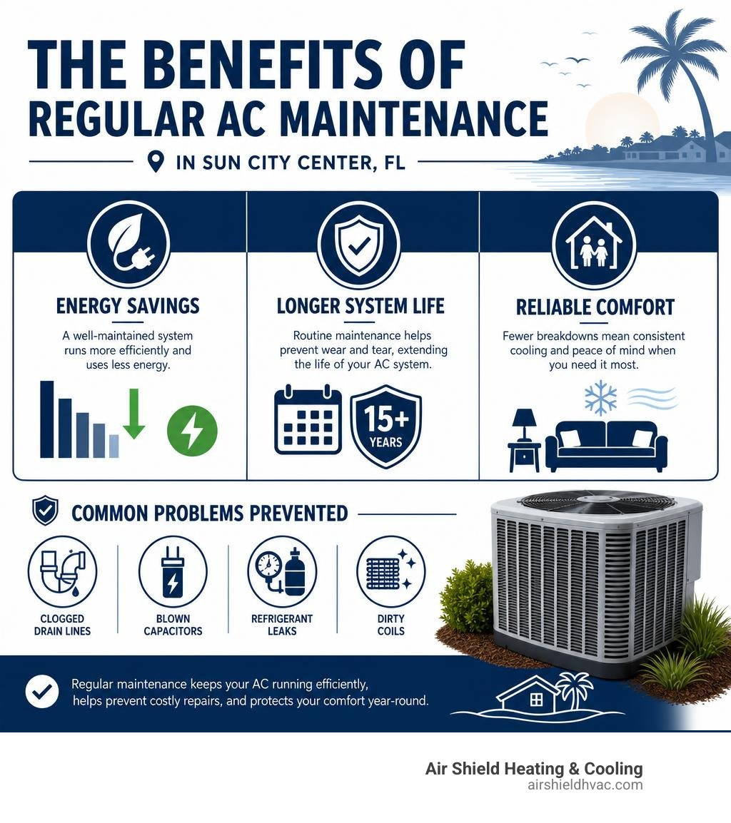Infographic showing benefits of regular AC maintenance in Sun City Center FL including energy savings, system lifespan, and