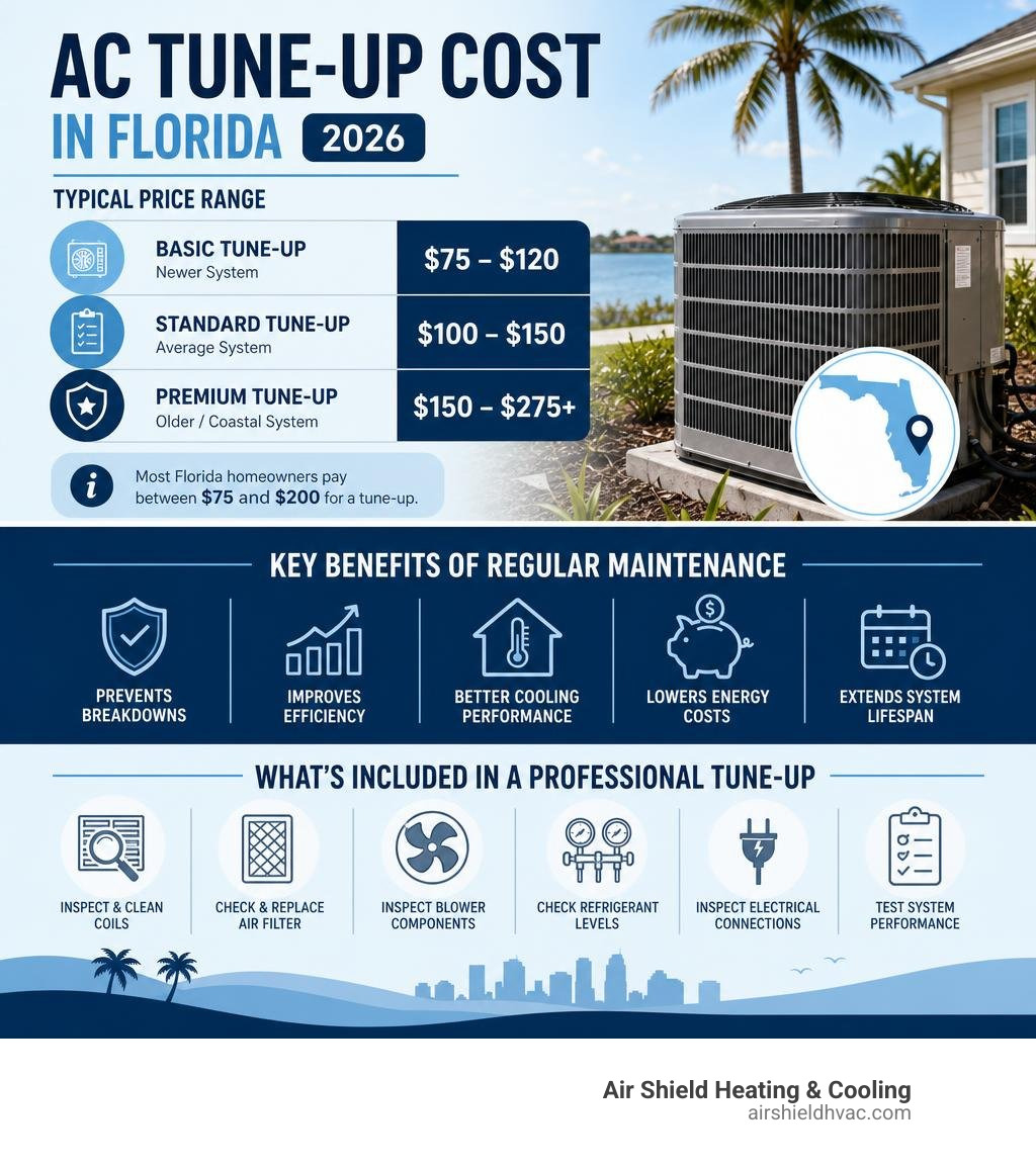 Infographic showing Florida AC tune-up cost ranges, key benefits of regular maintenance, and what is included in a professional visit Infographic showing Florida AC tune-up cost ranges, key benefits of regular maintenance, and what is included in a professional visit