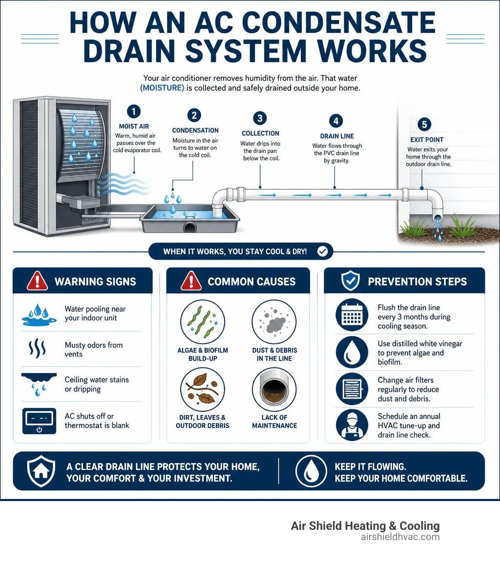 How an AC condensate drain system works infographic with warning signs, causes, and prevention steps infographic