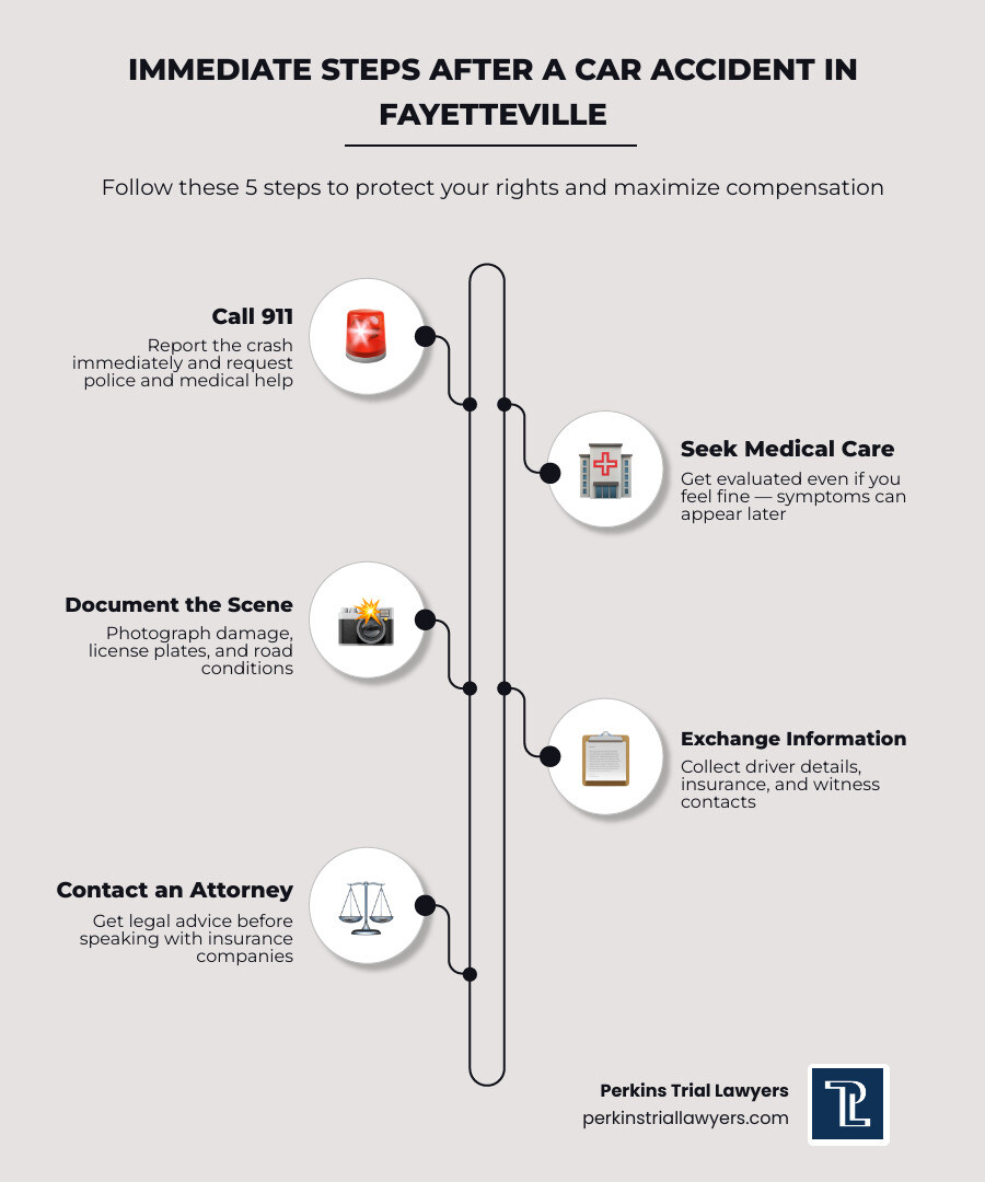 Infographic: 5 immediate steps after a car accident in Fayetteville - call 911, seek medical care, document the scene Infographic: 5 immediate steps after a car accident in Fayetteville - call 911, seek medical care, document the scene