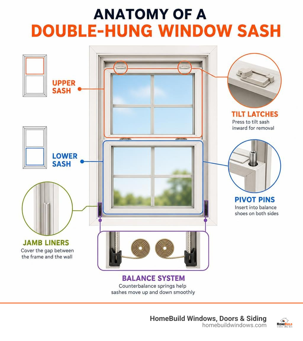 Anatomy of a double-hung window sash showing upper sash, lower sash, tilt latches, pivot pins, jamb liners, and balance
