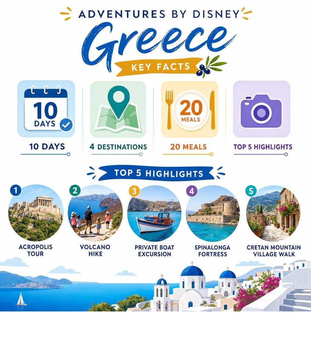Adventures by Disney Greece key facts infographic: 10 days, 4 destinations, 20 meals, top 5 highlights infographic Adventures by Disney Greece key facts infographic: 10 days, 4 destinations, 20 meals, top 5 highlights infographic
