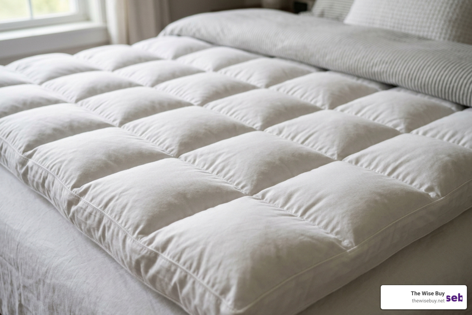 A bed showcasing the neat, grid-like pattern of baffle box construction on a plush mattress topper
