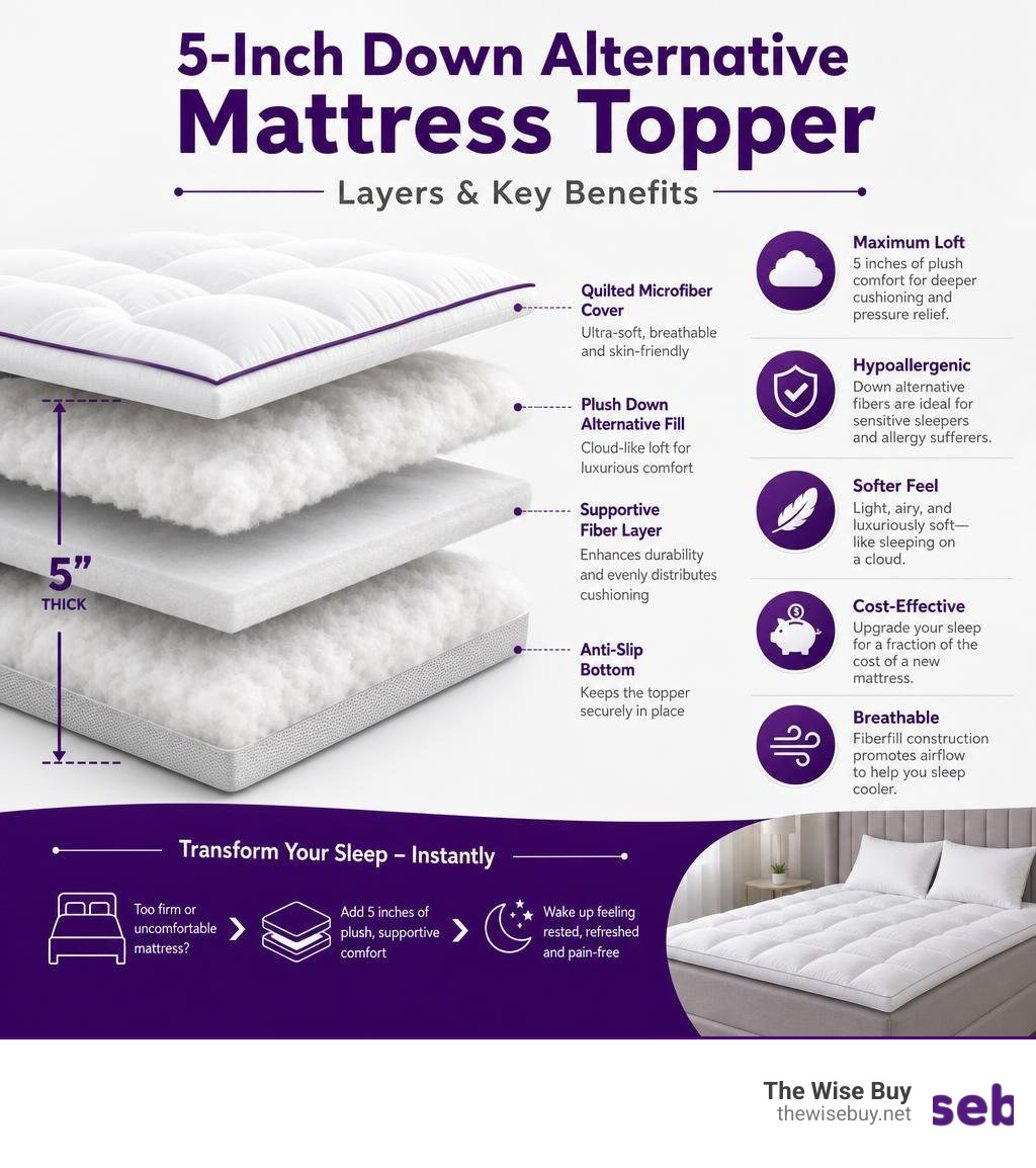 Infographic showing layers of a 5-inch down alternative mattress topper and key benefits infographic