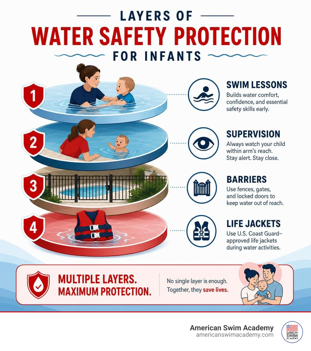 Infographic showing layers of water safety protection for infants including swim lessons, supervision, barriers, and life Infographic showing layers of water safety protection for infants including swim lessons, supervision, barriers, and life