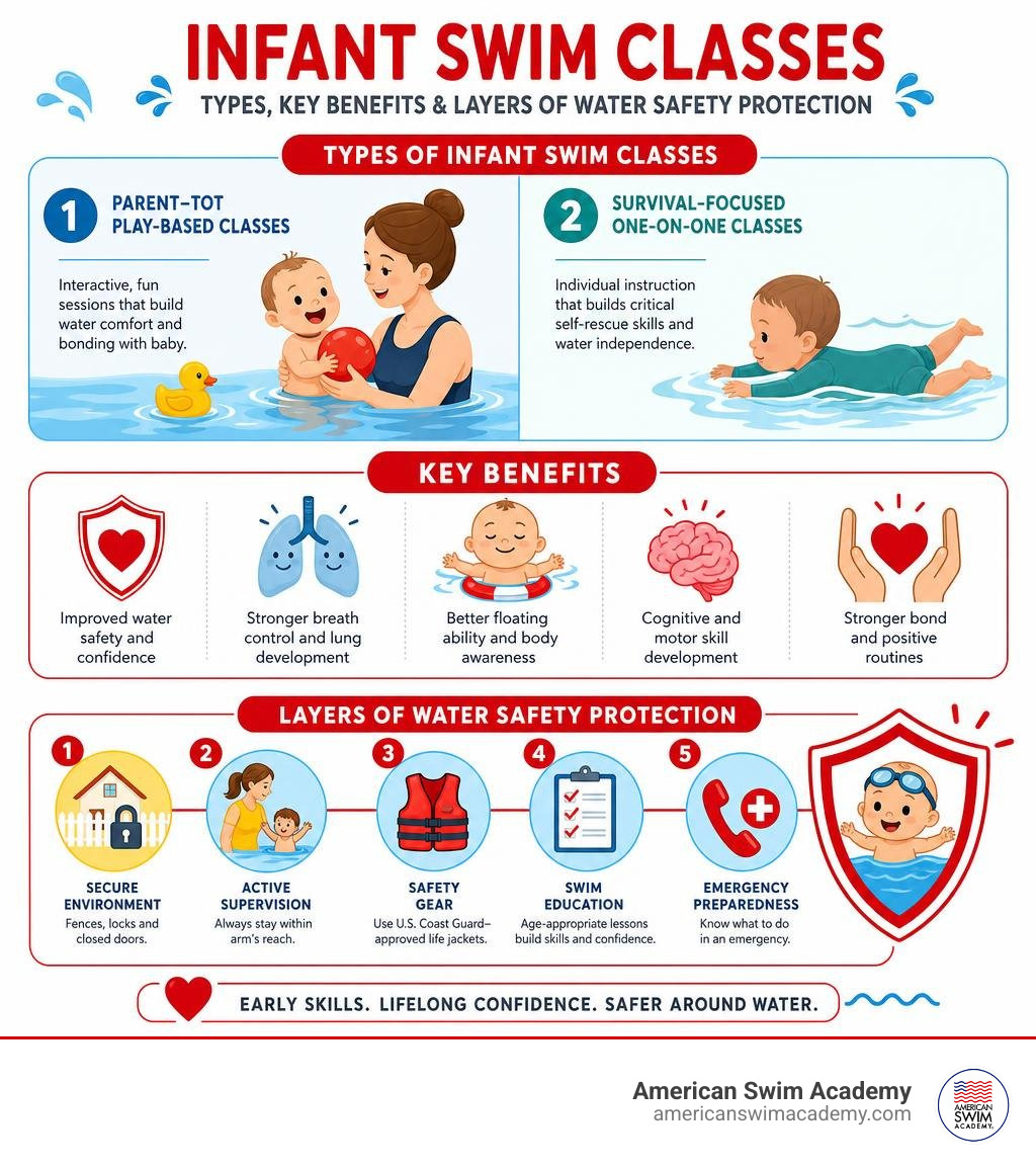 Infographic: Types of infant swim classes, key benefits, and layers of water safety protection infographic Infographic: Types of infant swim classes, key benefits, and layers of water safety protection infographic