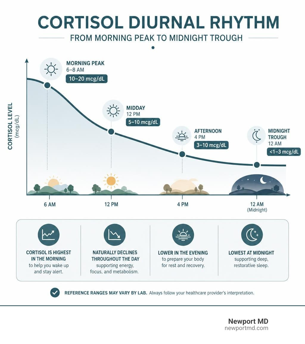 Infographic showing cortisol diurnal rhythm from morning peak to midnight trough with reference ranges infographic Infographic showing cortisol diurnal rhythm from morning peak to midnight trough with reference ranges infographic