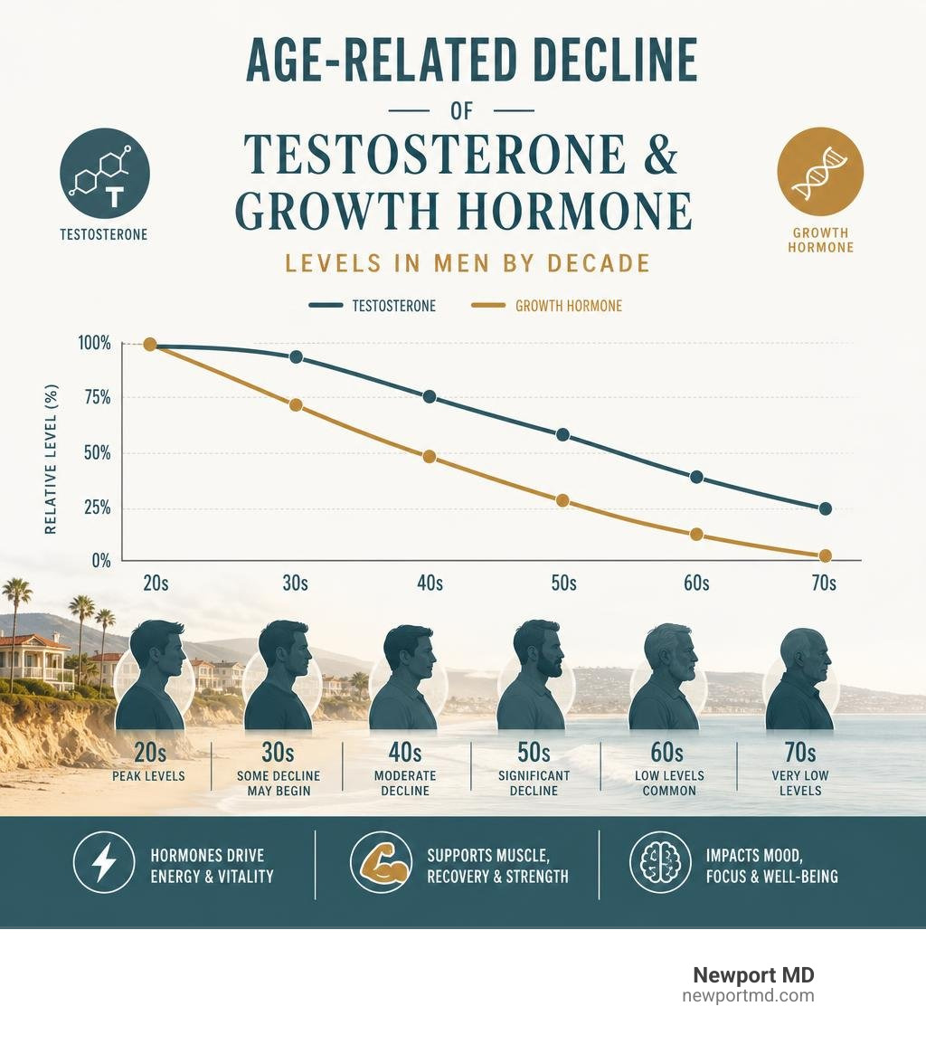 Age-related decline of testosterone and growth hormone levels in men by decade infographic