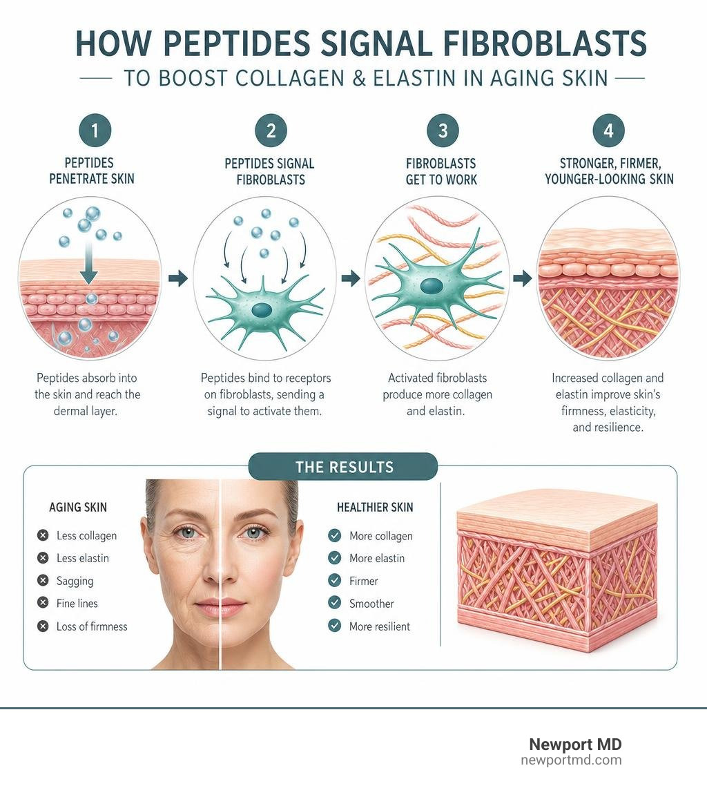 Infographic showing how peptides signal fibroblasts to boost collagen and elastin production in aging skin infographic Infographic showing how peptides signal fibroblasts to boost collagen and elastin production in aging skin infographic