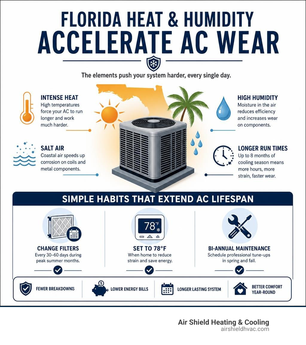 Infographic showing how Florida heat and humidity accelerate AC wear, with tips to extend AC lifespan including filter