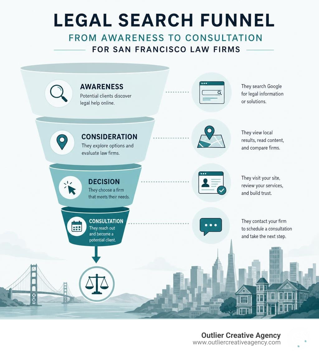 Legal search funnel infographic from awareness to consultation for San Francisco law firms infographic