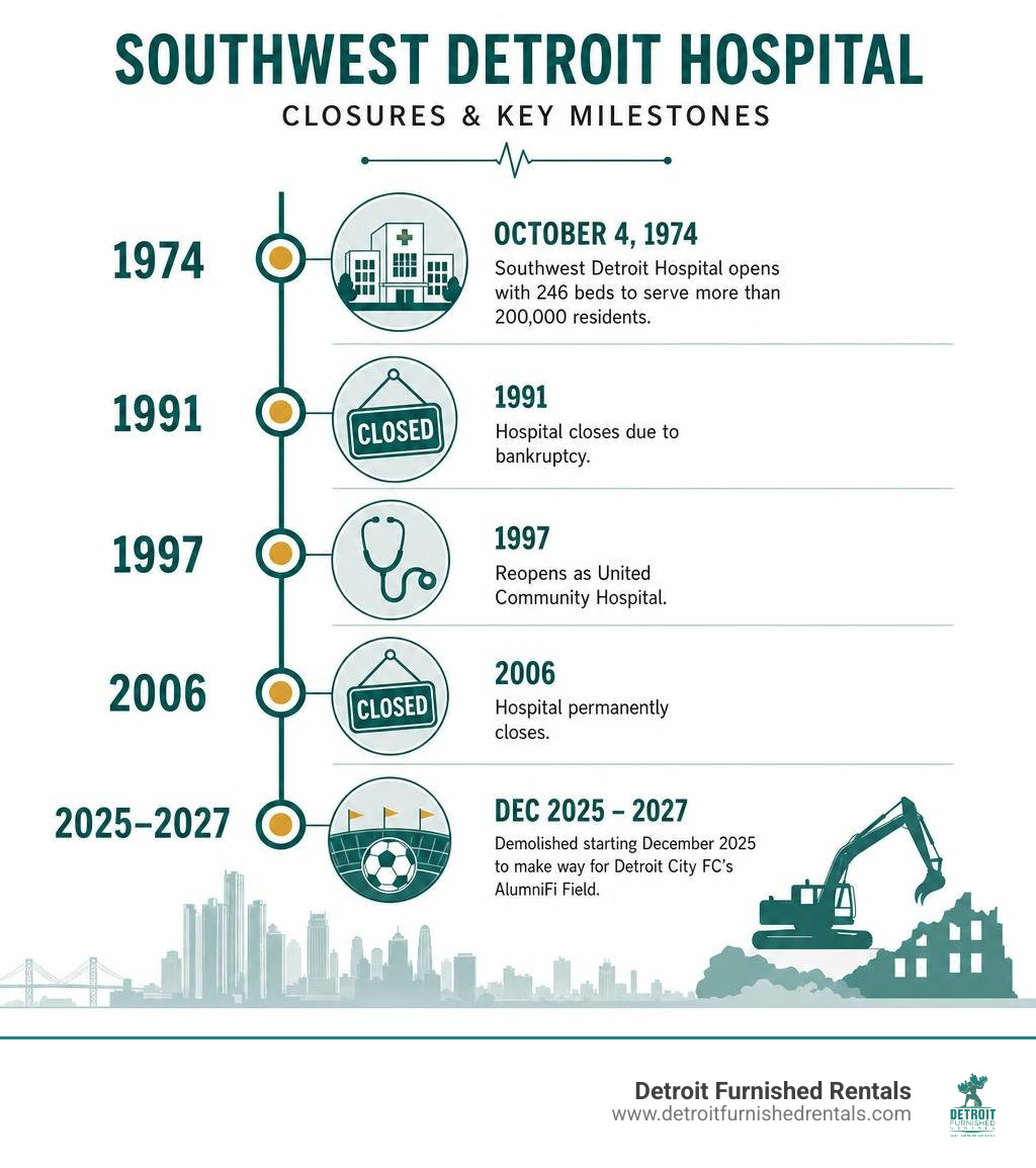Timeline infographic of Southwest Detroit Hospital closures and key milestones from 1974 to 2027 infographic