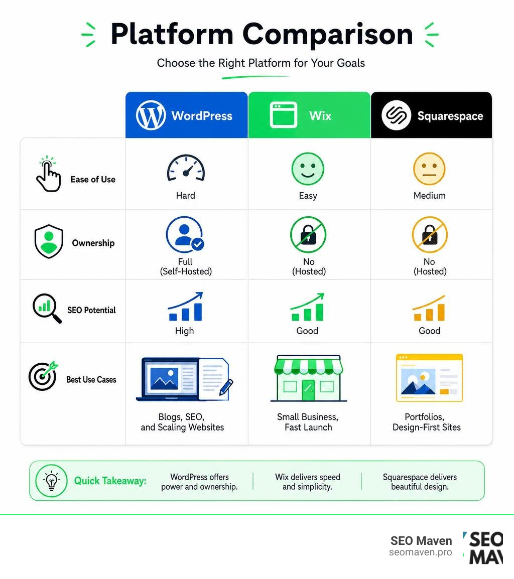 Platform comparison infographic: WordPress vs Wix vs Squarespace — ease of use, ownership, SEO, and best use cases Platform comparison infographic: WordPress vs Wix vs Squarespace — ease of use, ownership, SEO, and best use cases