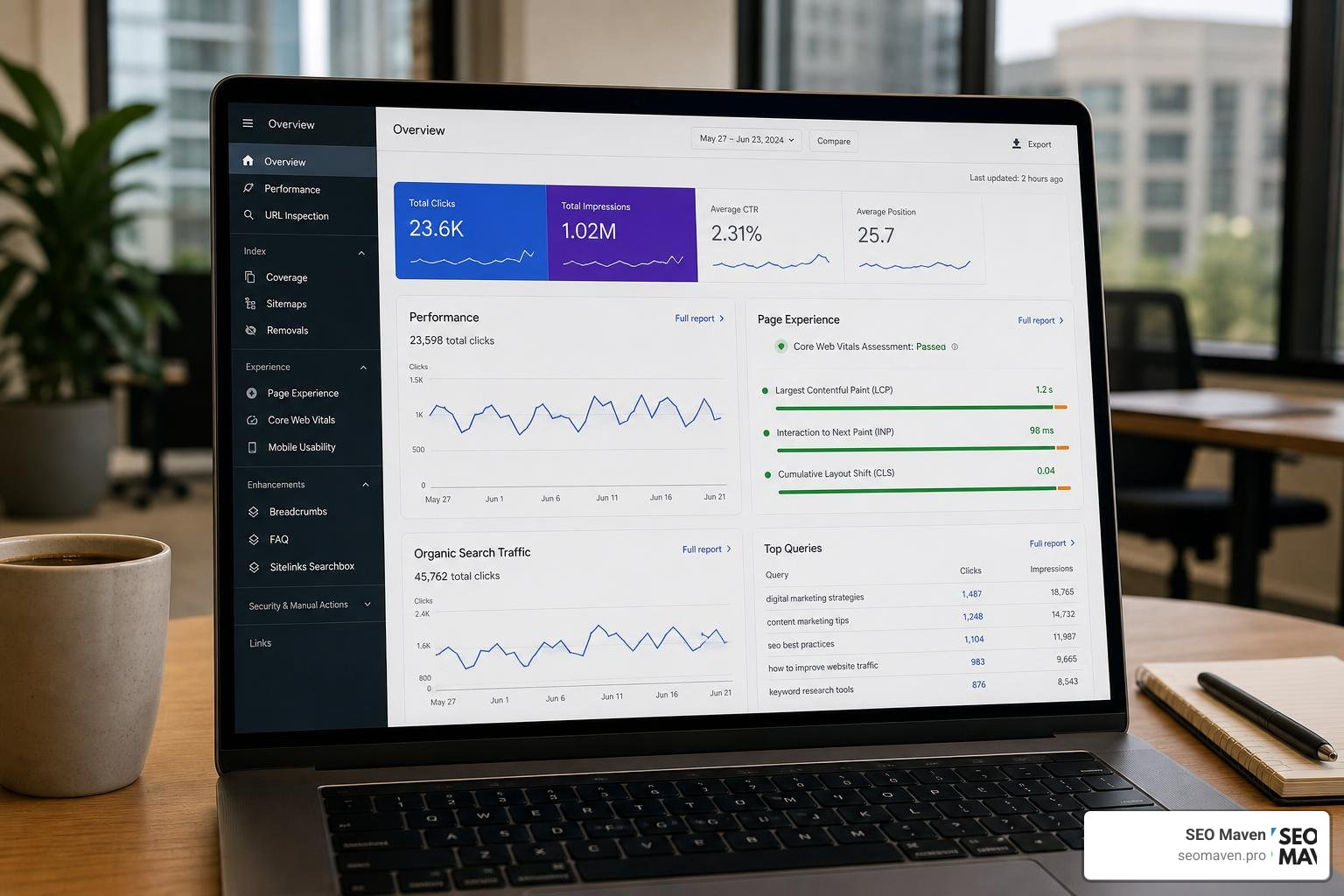 Digital marketing dashboard tracking website performance, page speed, and organic search traffic Digital marketing dashboard tracking website performance, page speed, and organic search traffic