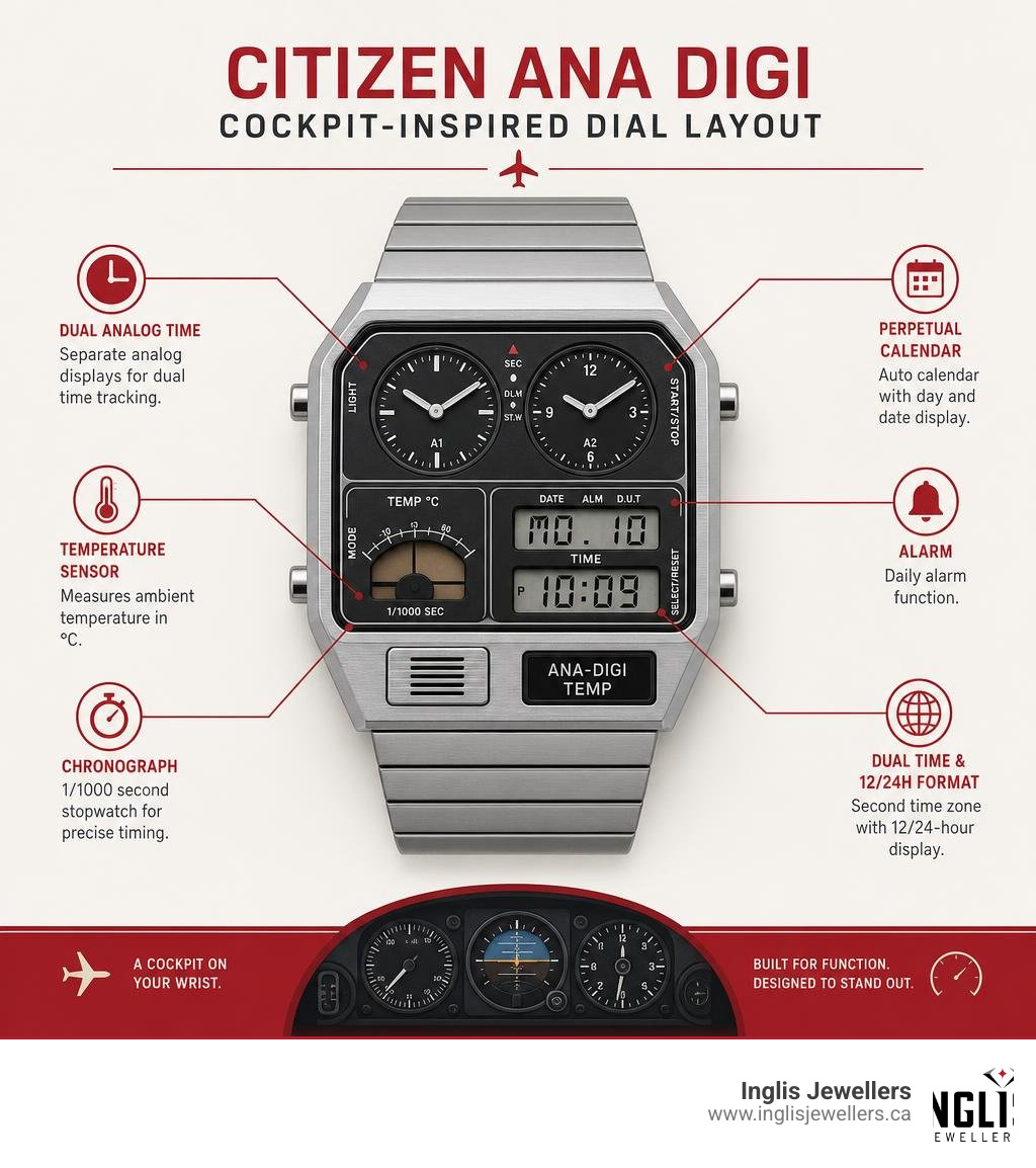 Citizen Ana Digi cockpit-inspired dial layout infographic with labeled features infographic