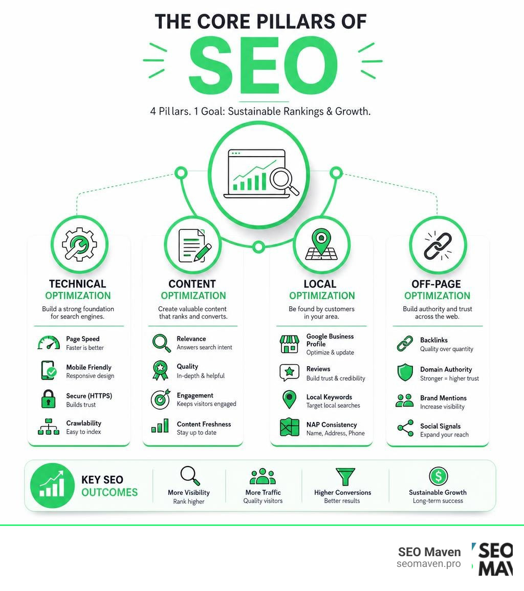 Core pillars of SEO including technical, content, local, and off-page optimization with key metrics infographic