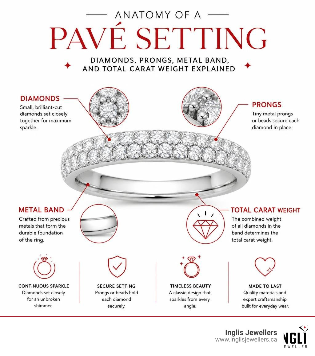 Anatomy of a pave setting: diamonds, prongs, metal band, and total carat weight explained infographic
