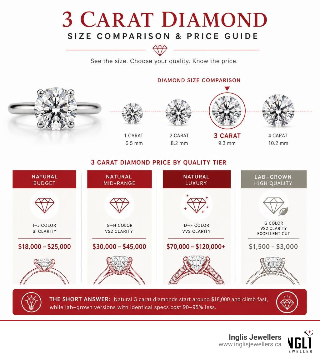 3 carat diamond size comparison infographic with price ranges by quality tier infographic 3 carat diamond size comparison infographic with price ranges by quality tier infographic