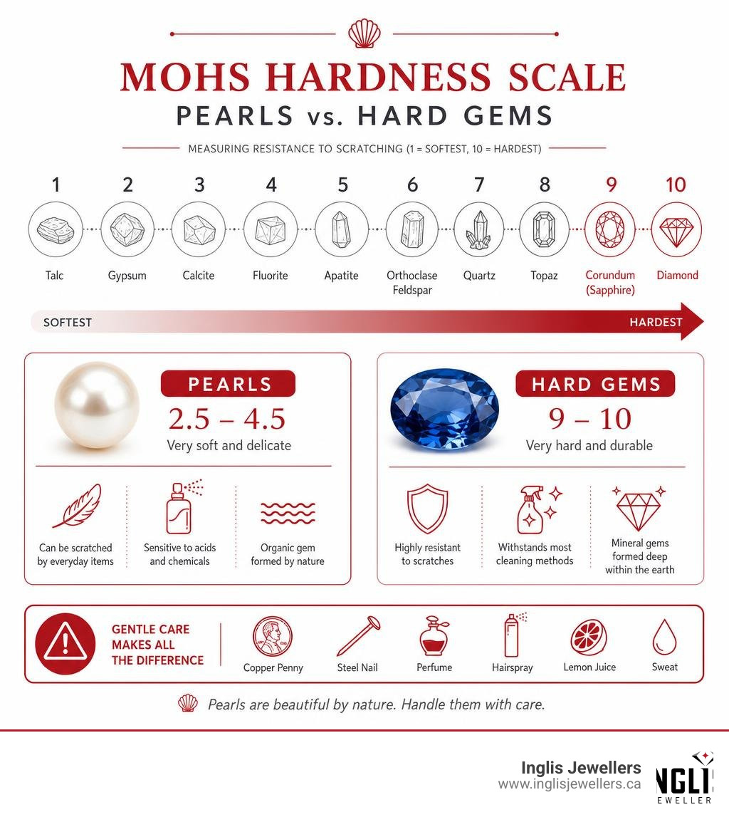 Comparing gemstone hardness Mohs scale for pearls and hard gems infographic
