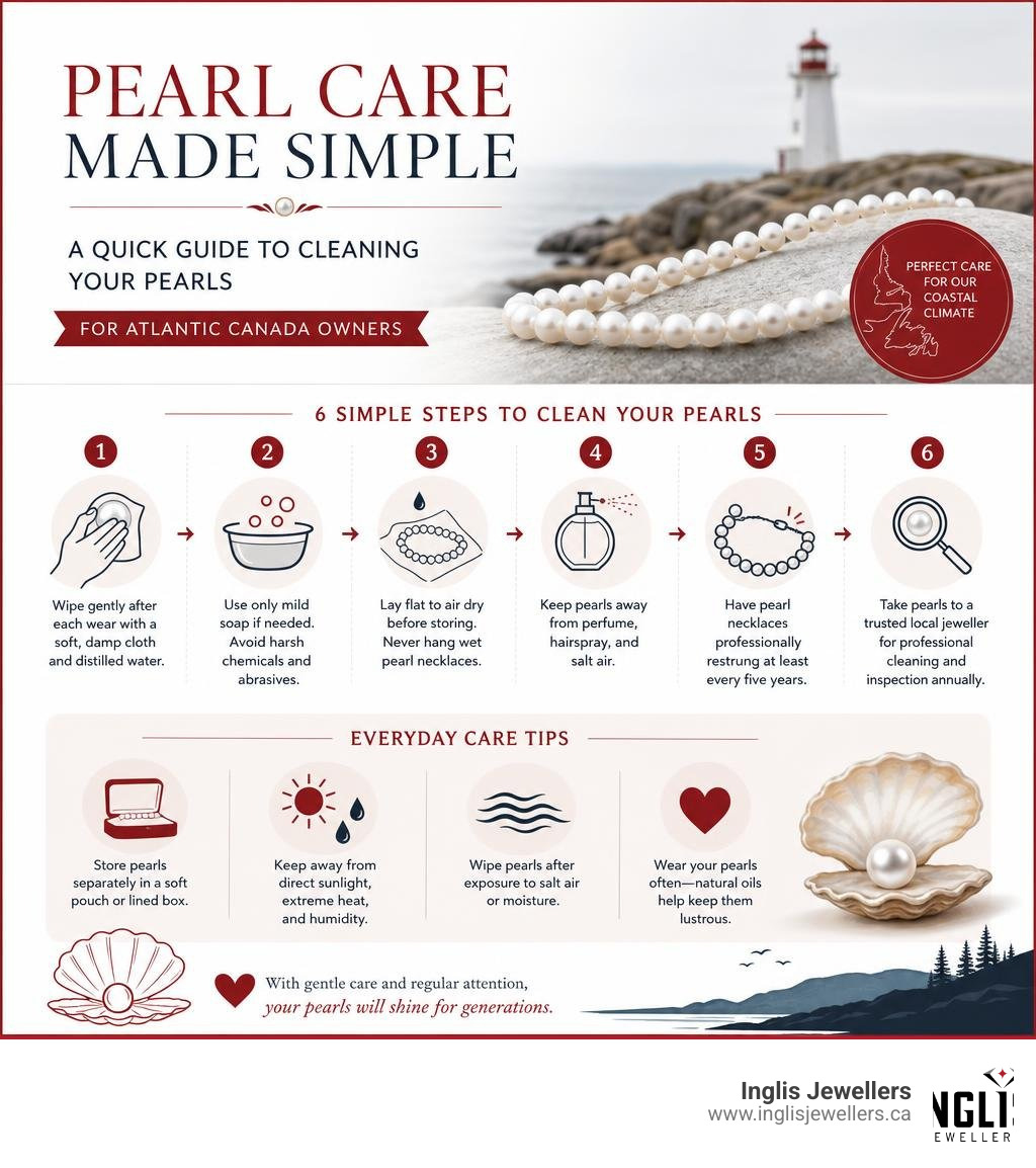 Quick guide infographic pearl cleaning steps and care tips for Atlantic Canada owners infographic