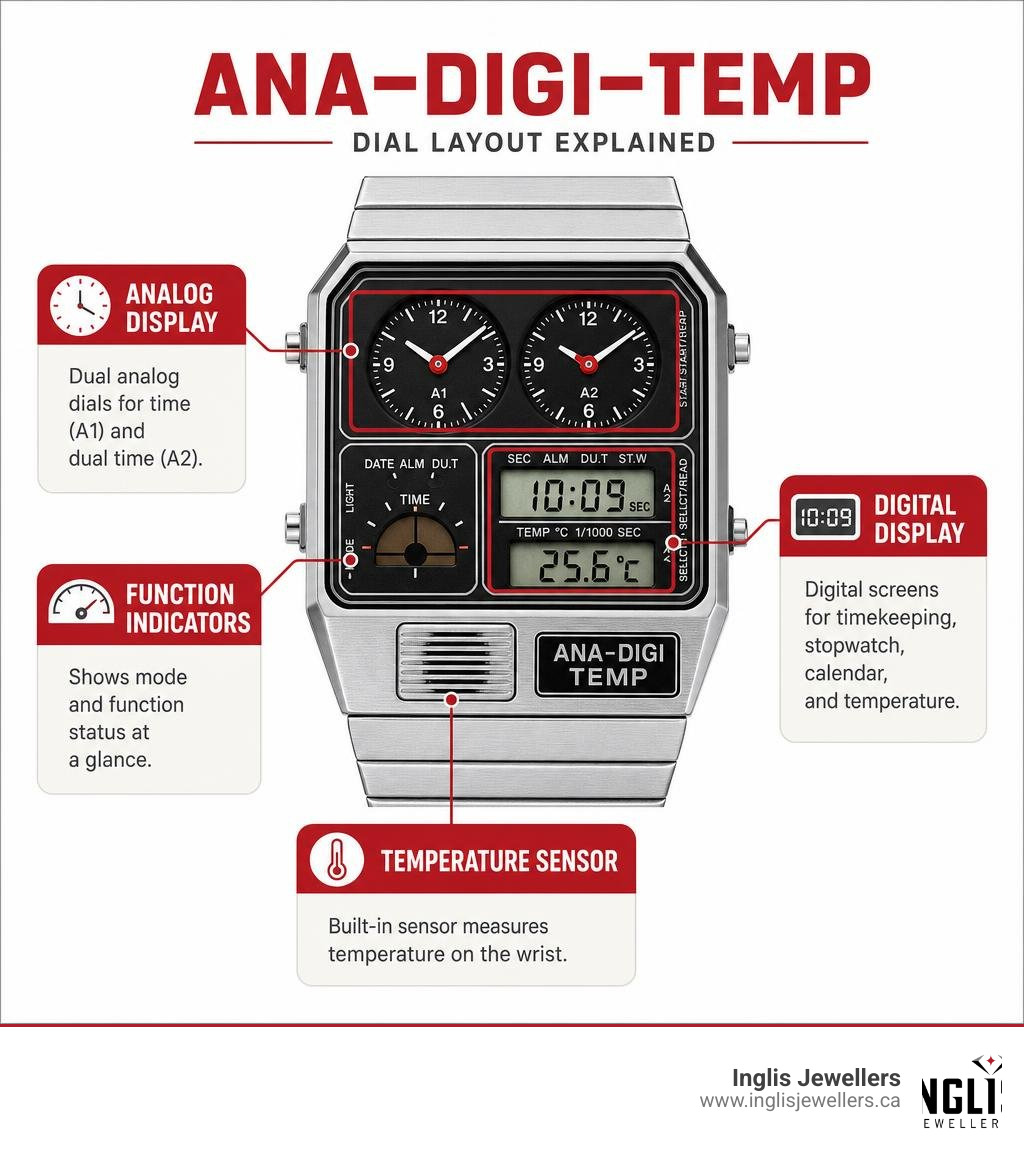 Citizen Ana-Digi Temp dial layout infographic showing analog display, digital display, and temperature sensor zones Citizen Ana-Digi Temp dial layout infographic showing analog display, digital display, and temperature sensor zones