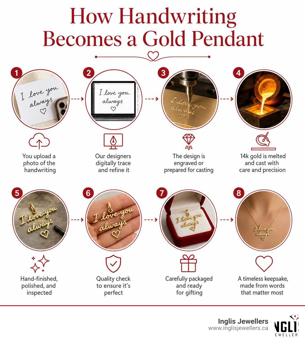 How handwriting becomes a gold pendant — step-by-step process infographic infographic How handwriting becomes a gold pendant — step-by-step process infographic infographic