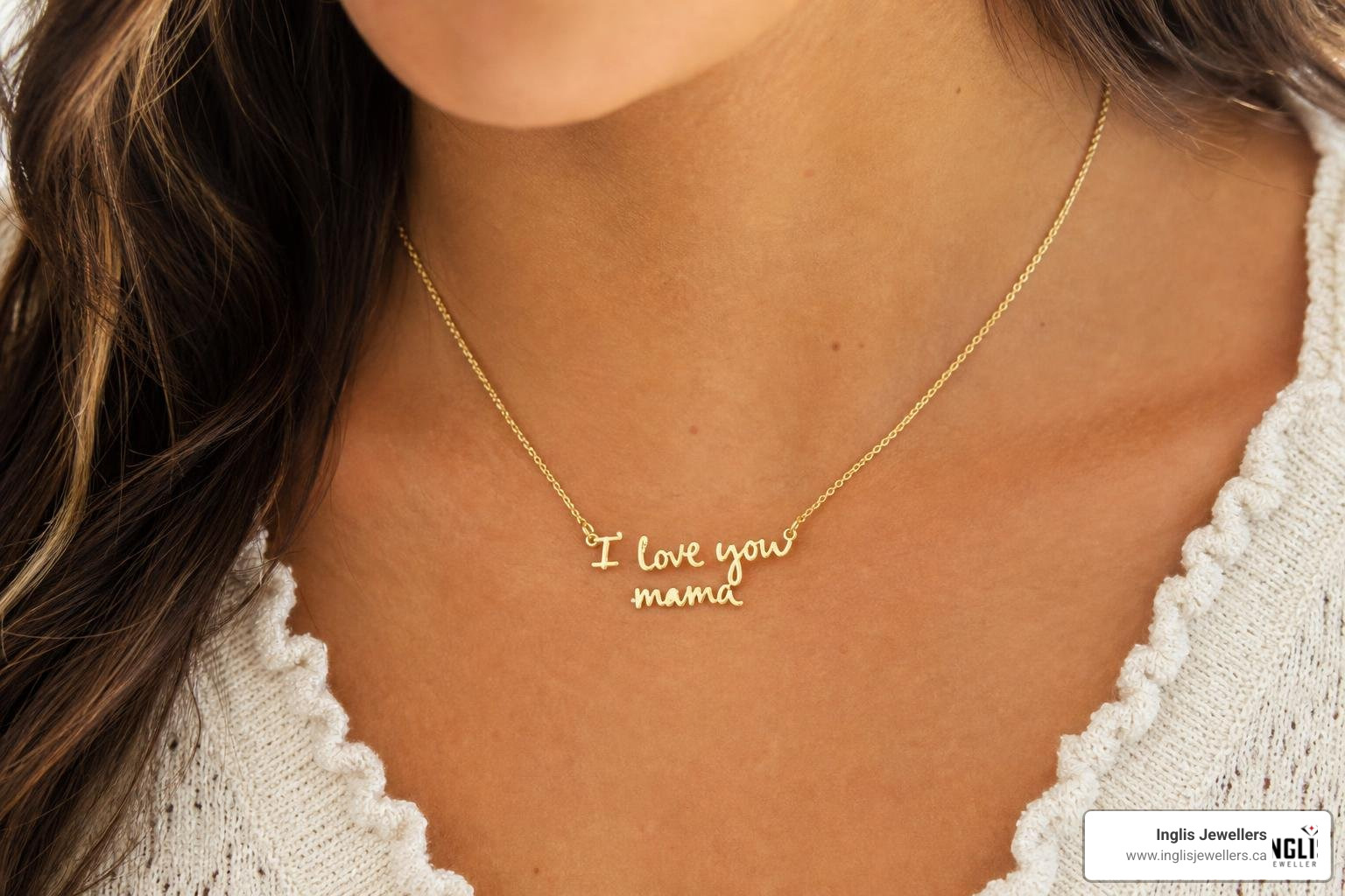A mother wearing a custom child handwriting gold necklace close up A mother wearing a custom child handwriting gold necklace close up