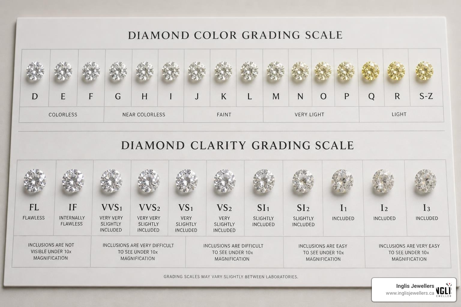 Diamond color and clarity grading scale showing grades from D to M and FL to I3 Diamond color and clarity grading scale showing grades from D to M and FL to I3