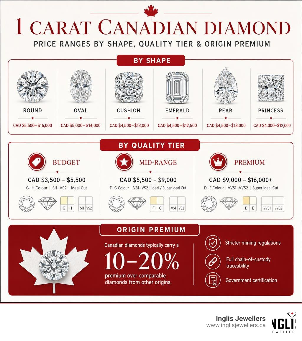 Infographic showing 1 carat Canadian diamond price ranges by shape, quality tier, and origin premium infographic Infographic showing 1 carat Canadian diamond price ranges by shape, quality tier, and origin premium infographic