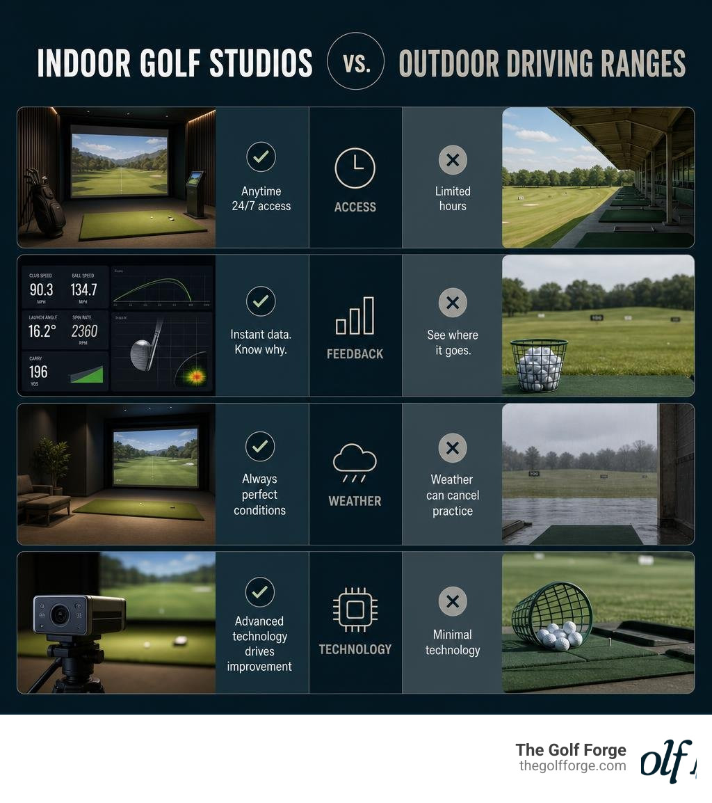 Infographic comparing indoor golf studios vs outdoor driving ranges on access, feedback, weather, and technology infographic Infographic comparing indoor golf studios vs outdoor driving ranges on access, feedback, weather, and technology infographic