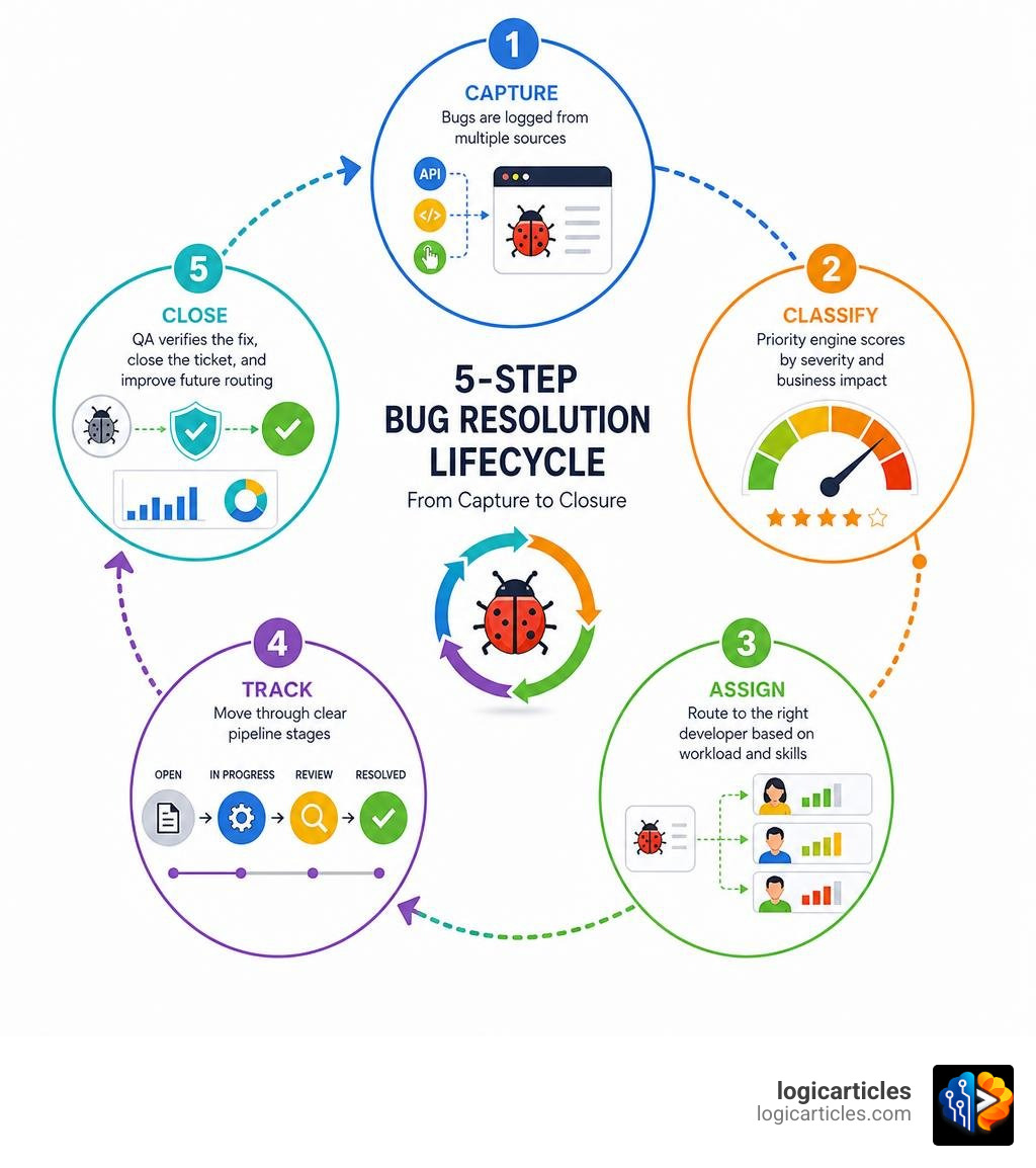 5-step bug resolution lifecycle from capture to closure with priority and assignment stages infographic