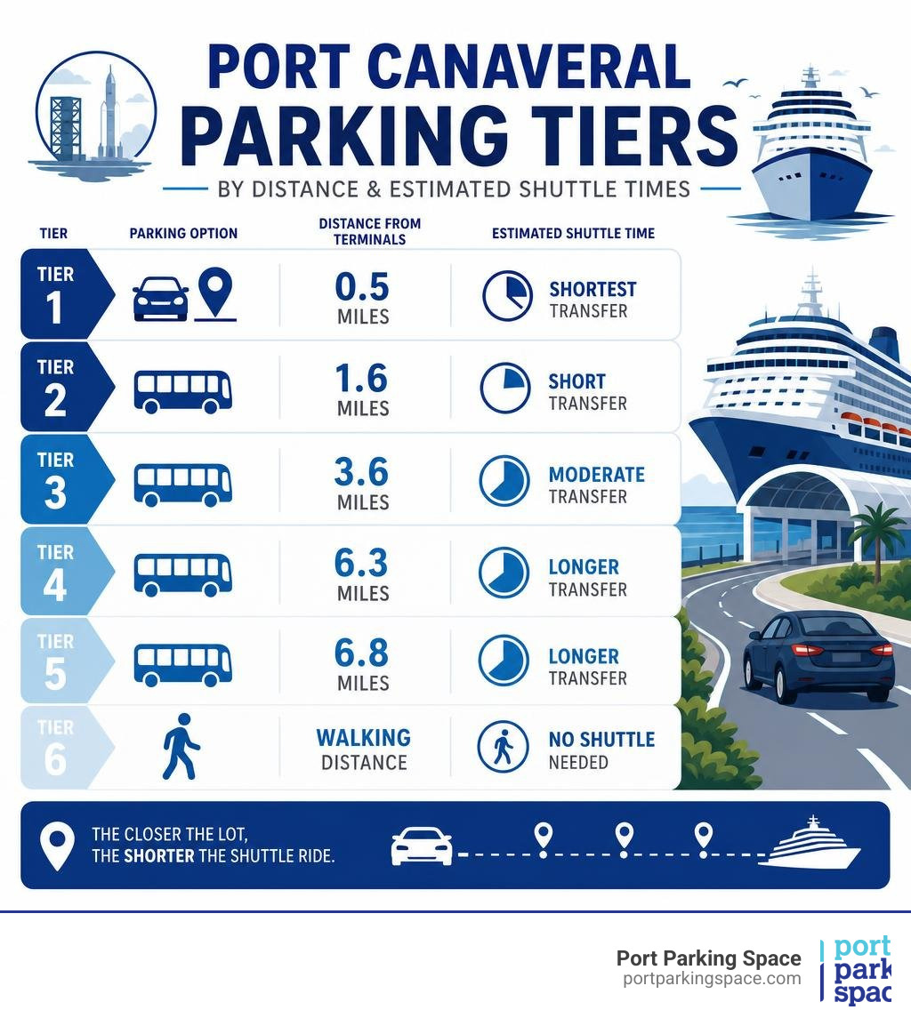 Infographic showing Port Canaveral parking tiers by distance and estimated shuttle times infographic Infographic showing Port Canaveral parking tiers by distance and estimated shuttle times infographic