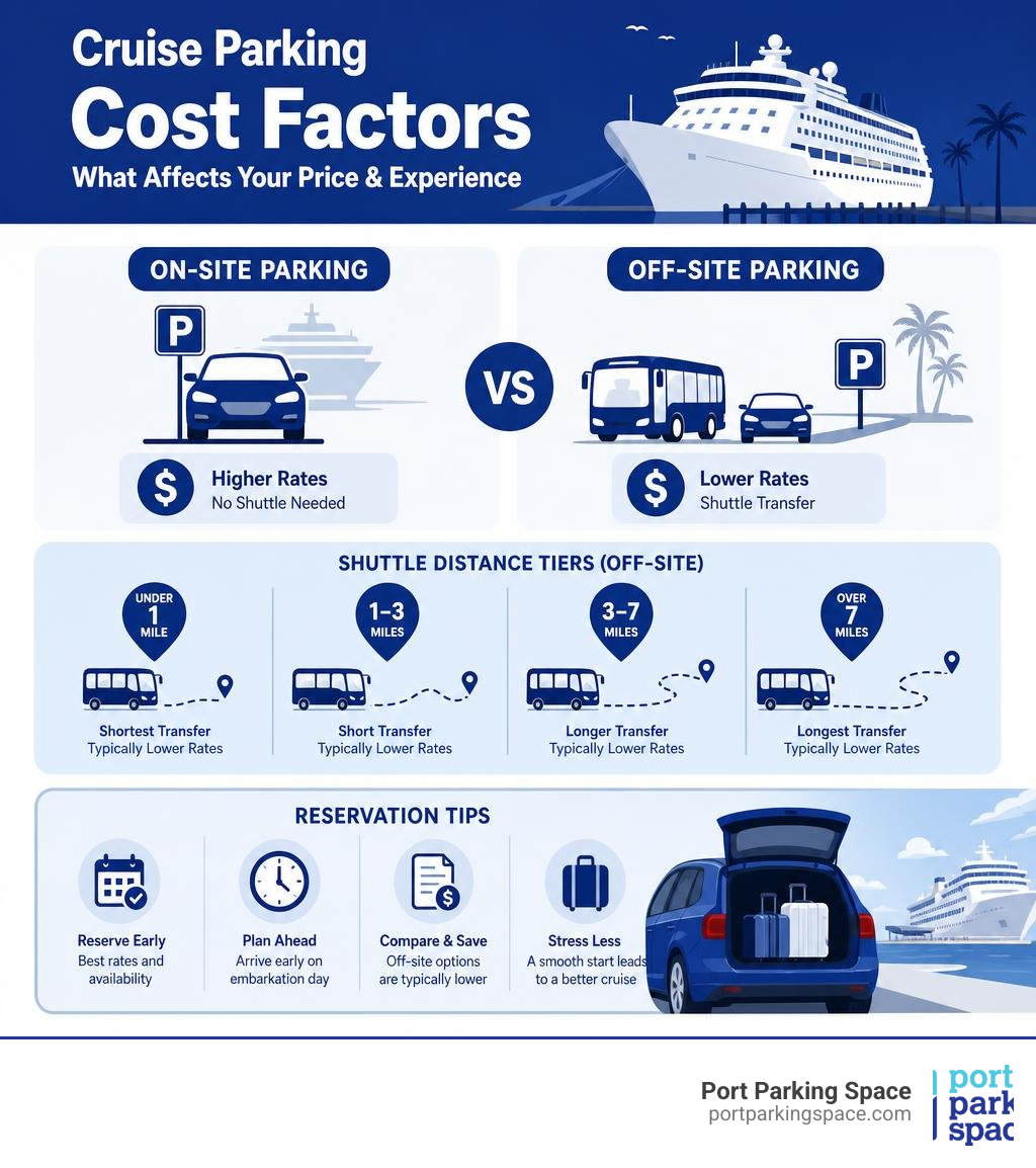 Cruise parking cost factors infographic: on-site vs off-site rates, shuttle distance tiers, and reservation tips infographic