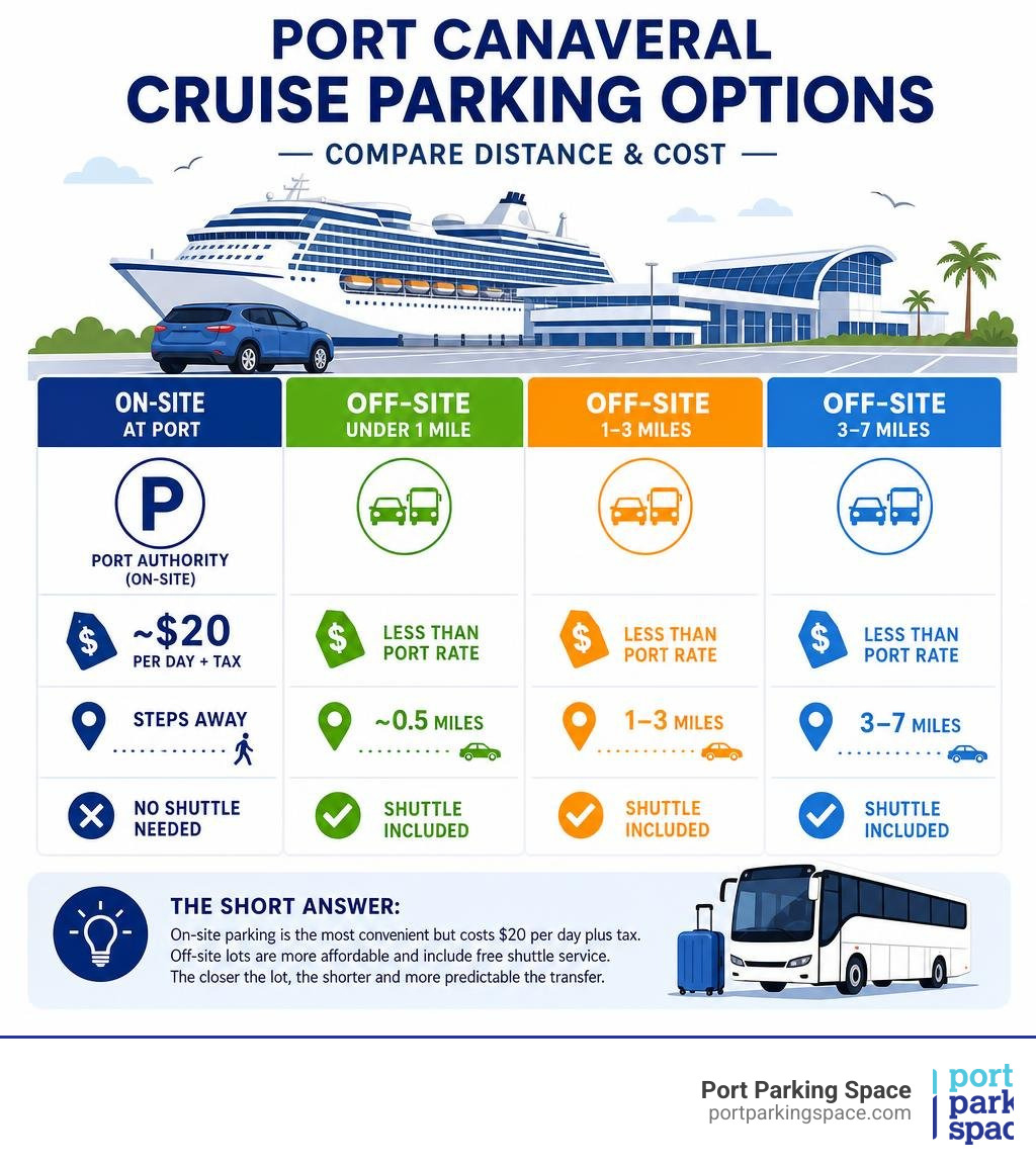 Port Canaveral cruise parking options infographic comparing on-site and off-site tiers by distance and cost infographic