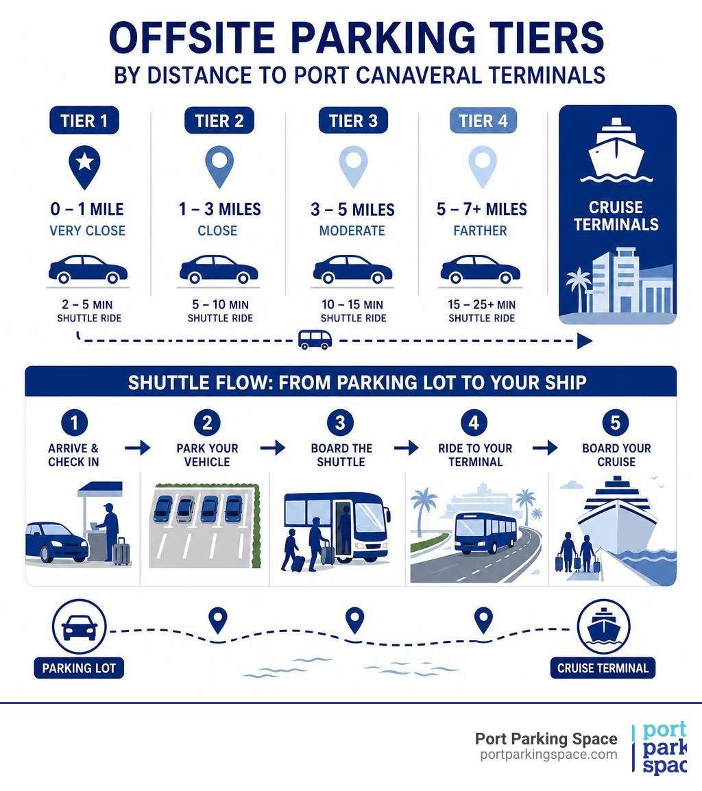 Infographic showing offsite parking tiers by distance and shuttle flow to Port Canaveral cruise terminals infographic