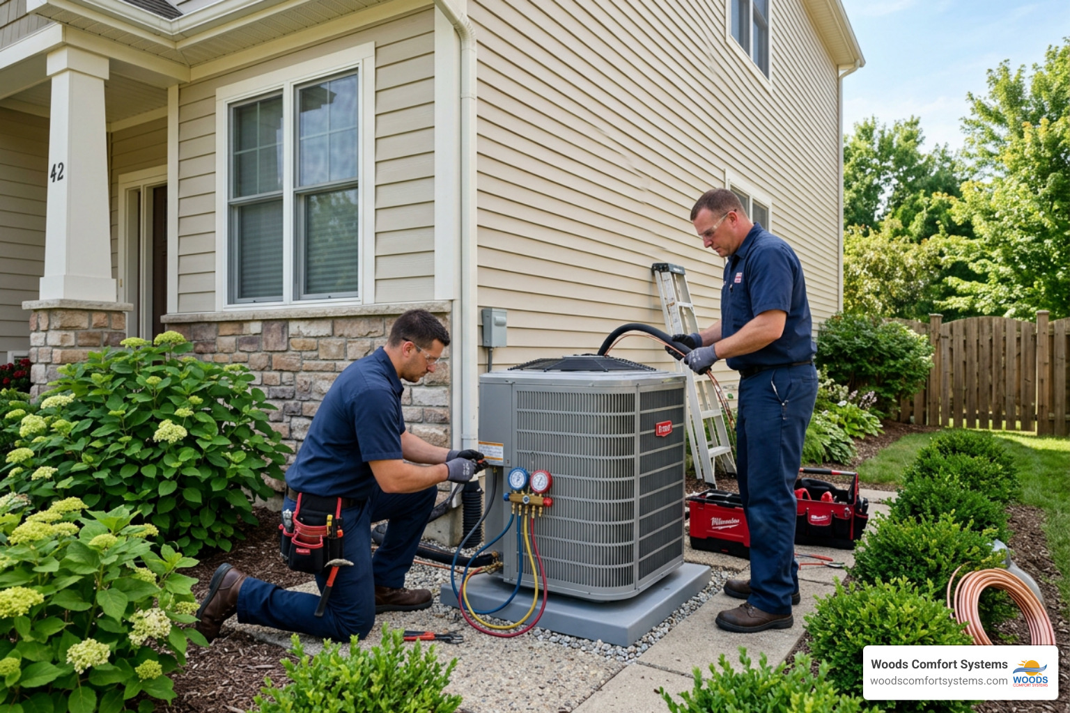 HVAC technicians installing outdoor condenser unit outside home HVAC technicians installing outdoor condenser unit outside home