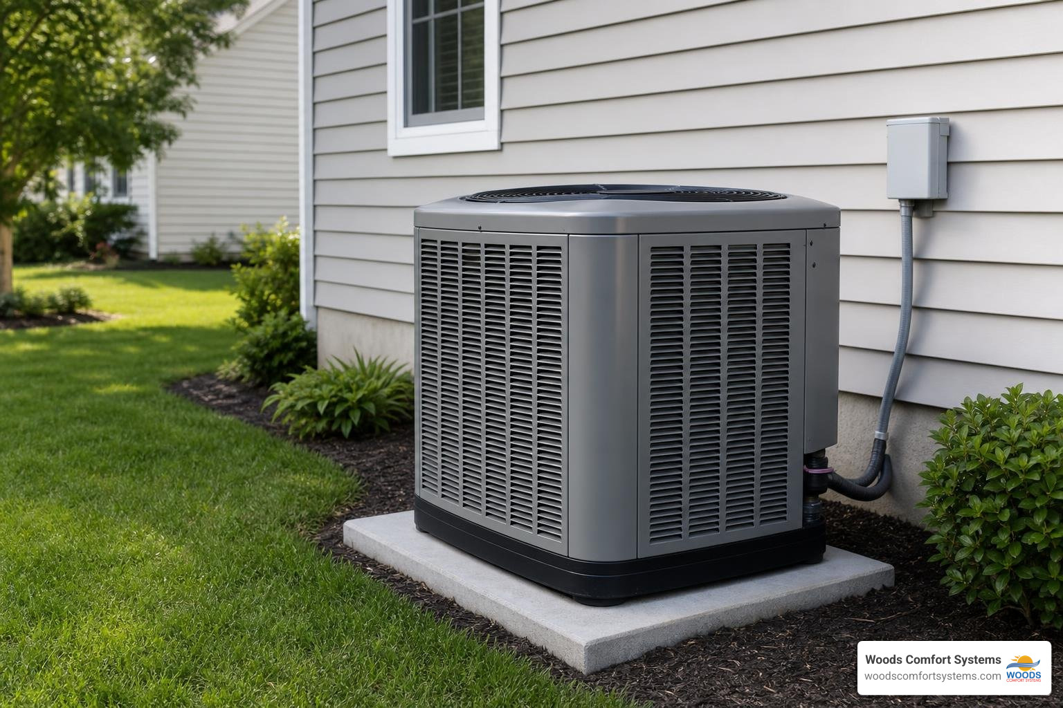 energy-efficient central AC unit installed in residential backyard energy-efficient central AC unit installed in residential backyard
