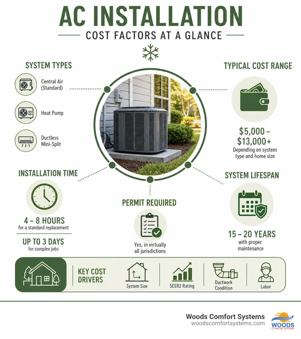 AC installation cost factors infographic showing system types, price ranges, timeline, permits, and lifespan infographic AC installation cost factors infographic showing system types, price ranges, timeline, permits, and lifespan infographic