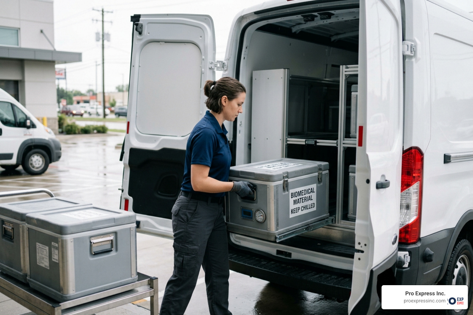 Medical courier loading temperature-controlled biomedical cargo into a secure vehicle Medical courier loading temperature-controlled biomedical cargo into a secure vehicle