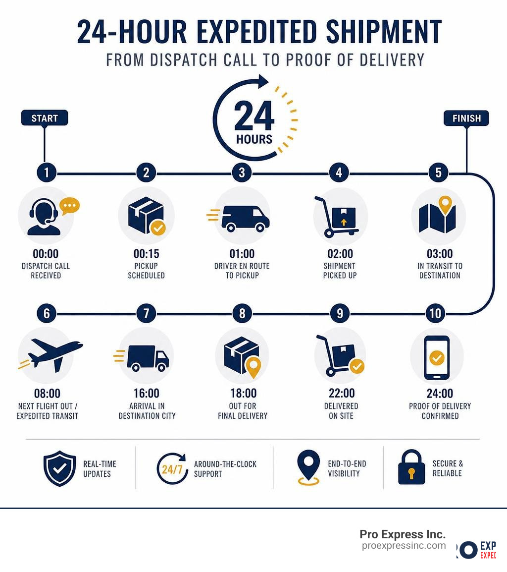 Timeline infographic of a 24-hour expedited shipment from dispatch call to proof of delivery infographic Timeline infographic of a 24-hour expedited shipment from dispatch call to proof of delivery infographic