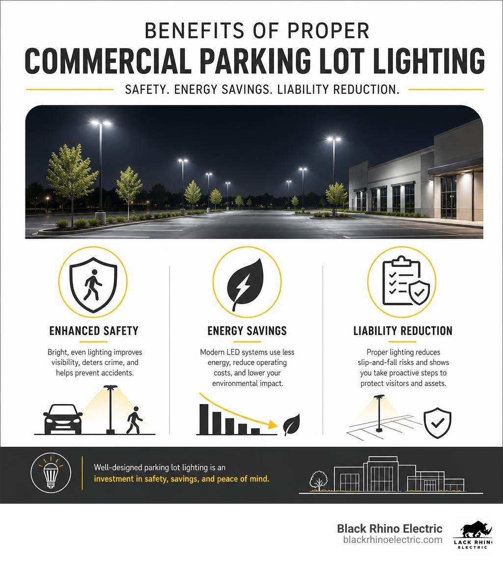 Benefits of proper commercial parking lot lighting for safety, energy savings, and liability reduction infographic