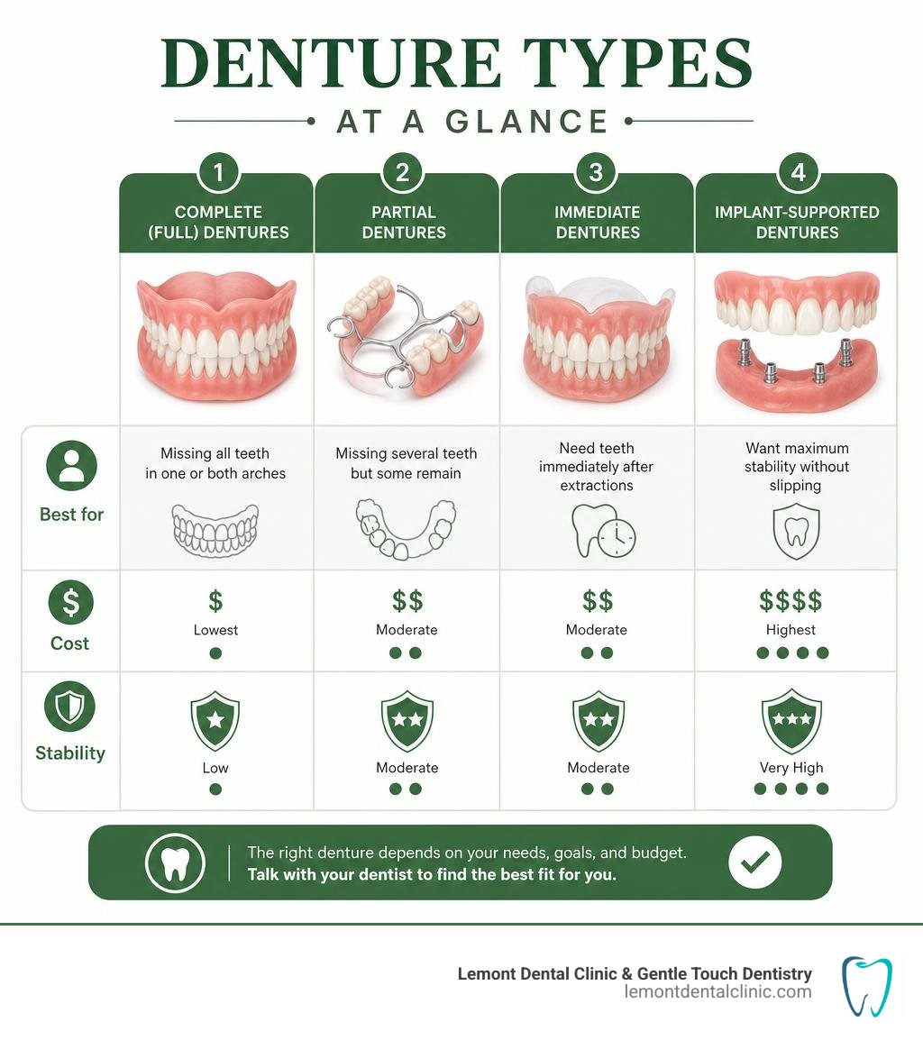 Denture types comparison infographic: full, partial, immediate, implant-supported with cost and stability ratings infographic